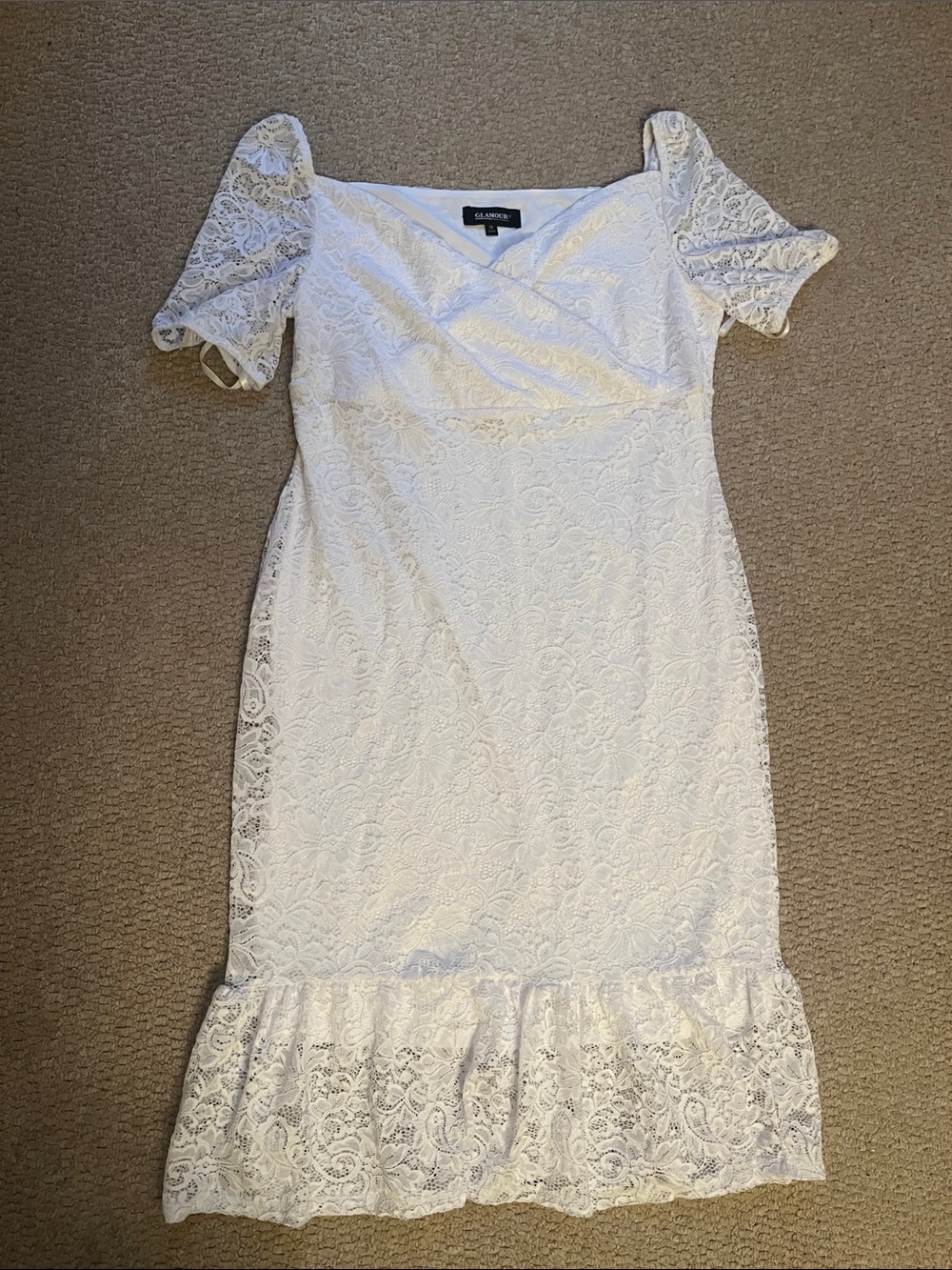 White Lace Midi Dress with Puff Sleeves - SL Fashions